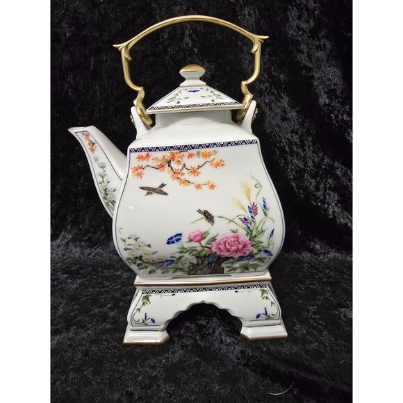 Franklin Mint Birds & Flowers Orient Teapot Square Ceramic Stand Gold Accents - Picture 1 of 10